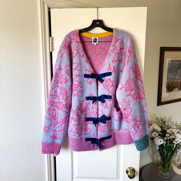 YanYan Fuzzy Laza Cardigan Alpaca Jacquard Oversized Sky Pink Large XL EUC - Picture 2 of 9